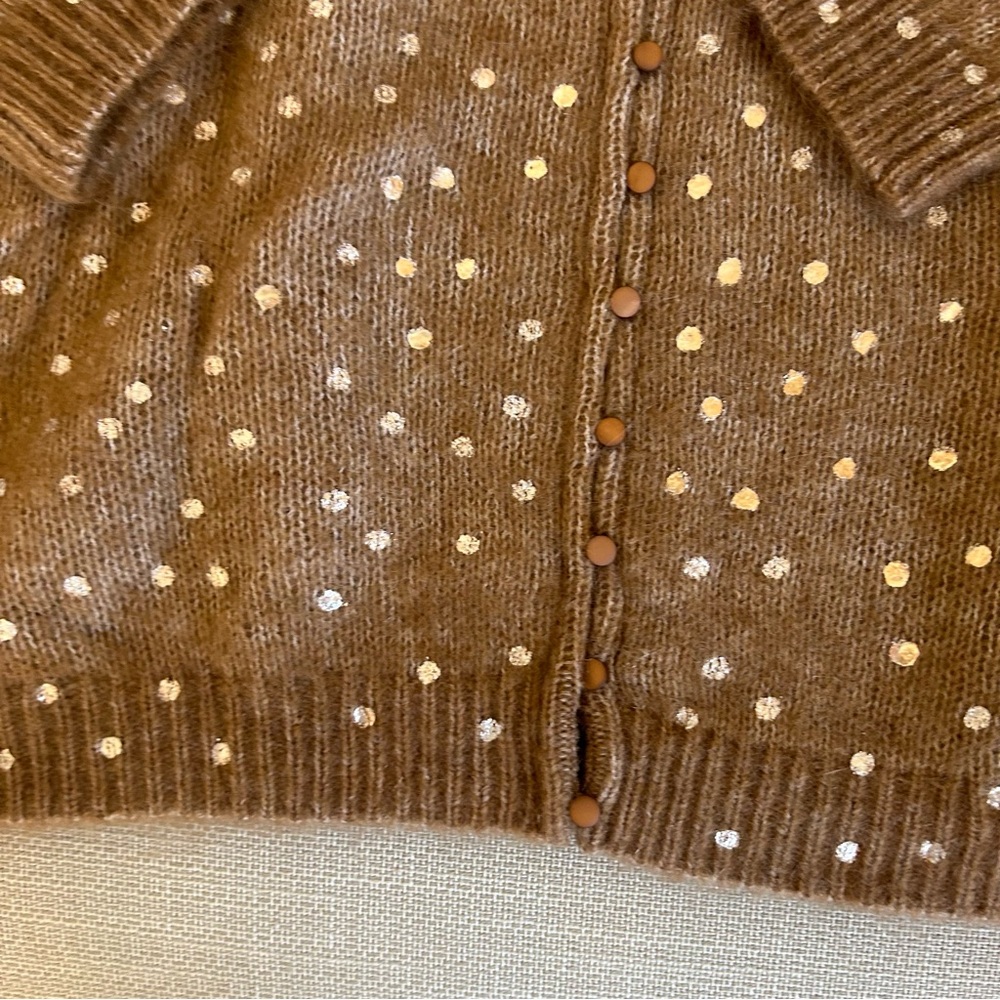 BEST Sezane Lizy Cardigan Camel Gold Polka Dot French Wool Causal - Picture 9 of 11